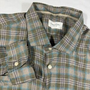 Tintoria Mattei Shirt Mens Size 18.5 46 US Green Plaid 100% Linen Button Up‎ LS